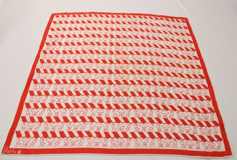 Vintage Vera Neumann Silk Scarf 25 x 25 Red White Bistro Cafe table chairs Print